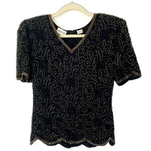 Vintage Denise Elle Beaded Silk Top Black Gold V Neck Crewneck Blouse Sz PS